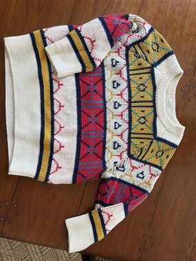 MOTHER Cream Fair Isle Crewneck Sweater with Red, Navy & Mustard